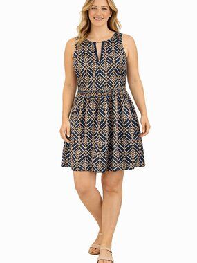 Everly Navy Cream Geometric Fit Flare Dress Small Sleeveless Keyhole Skater